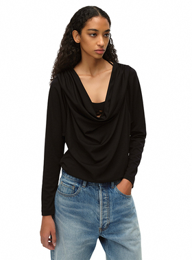 EMPTY PAGE黑色荡领/斜肩弹力T恤多穿打底衫