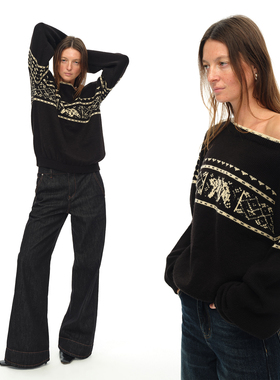 EMPTY PAGE 黑色露肩宽松复古费尔岛雪花羊毛混纺毛衣