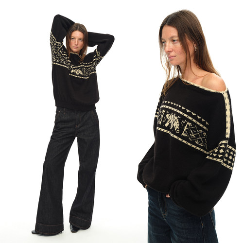 EMPTY PAGE 黑色露肩宽松复古费尔岛雪花羊毛混纺毛衣