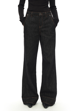 EMPTY PAGE 黑色原牛微喇牛仔裤明线装饰圆摆休闲裤