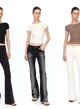 EMPTY PAGE黑/白/卡其色正肩弹力修身镂空露背T恤基础款百搭短袖