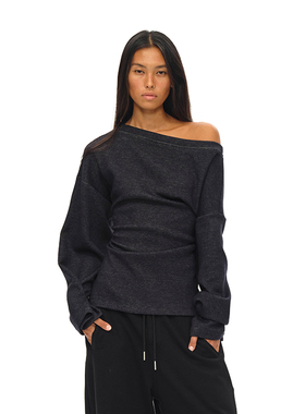 EMPTY PAGE  牛仔色可收腰一字肩T恤