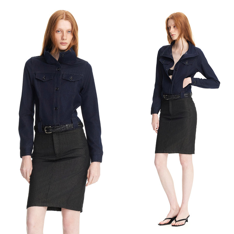 仿牛仔修身衬衫弹力修身