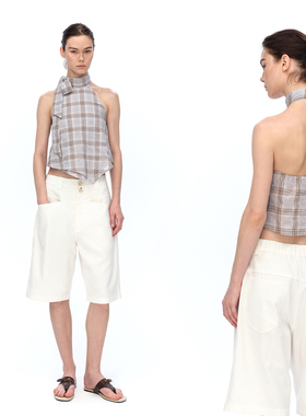 EMPTY PAGE夏季薄款浅蓝色格子飘带露背挂脖上衣