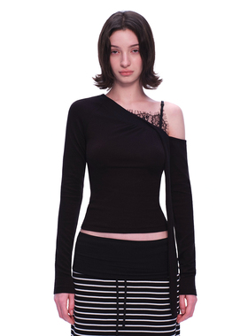 EMPTY PAGE黑色蕾丝拼接露肩T恤系带修身弹力百搭上衣