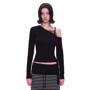 EMPTY 弹力百搭上衣 PAGE黑色蕾丝拼接露肩T恤系带修身