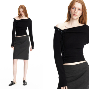 弹力露肩打底衫 EMPTY 拼接T恤纽扣修身 黑色斜肩修身 PAGE