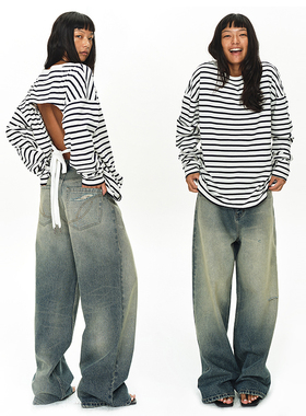 EMPTY PAGE宽松蓝白条纹露背系带T恤