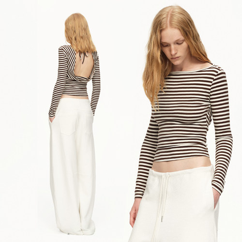 杏色条纹露背修身弹力T恤