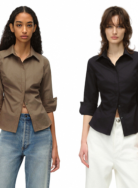 EMPTY PAGE宝蓝/咖啡色薄款中袖修身显瘦衬衫