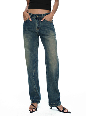 EMPTY PAGE深蓝色复古做旧不对称古铜黄修身牛仔裤深色烟管裤