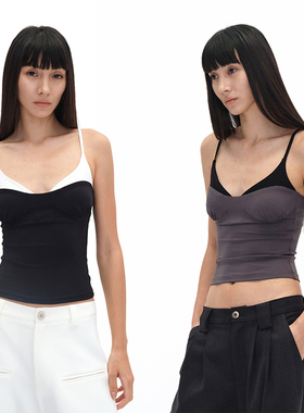 EMPTY PAGE夏季黑/灰色拼色吊带弹力修身百搭背心