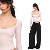 T恤莱赛尔轻薄打底衫 长袖 PAGE粉色大V领弹力修身 EMPTY