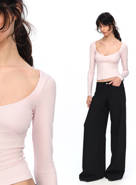 EMPTY PAGE粉色大V领弹力修身长袖T恤莱赛尔轻薄打底衫