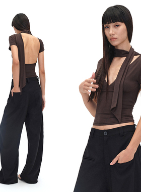 EMPTY PAGE咖啡色深V领领飘带T恤弹力修身显瘦露背短袖