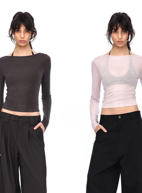 EMPTY PAGE灰/粉色天色羊毛混纺正反两穿百搭T恤打底衫