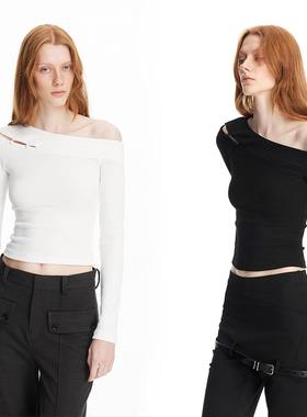 EMPTY PAGE  黑/白/露肩T恤珍珠扣露肩弹力修身打底衫