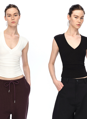 EMPTY PAGE夏季黑/白V领弹力修身百搭显瘦背心/内搭