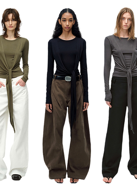 EMPTY PAGE黑/绿/深灰色系带长袖修身打底衫T恤