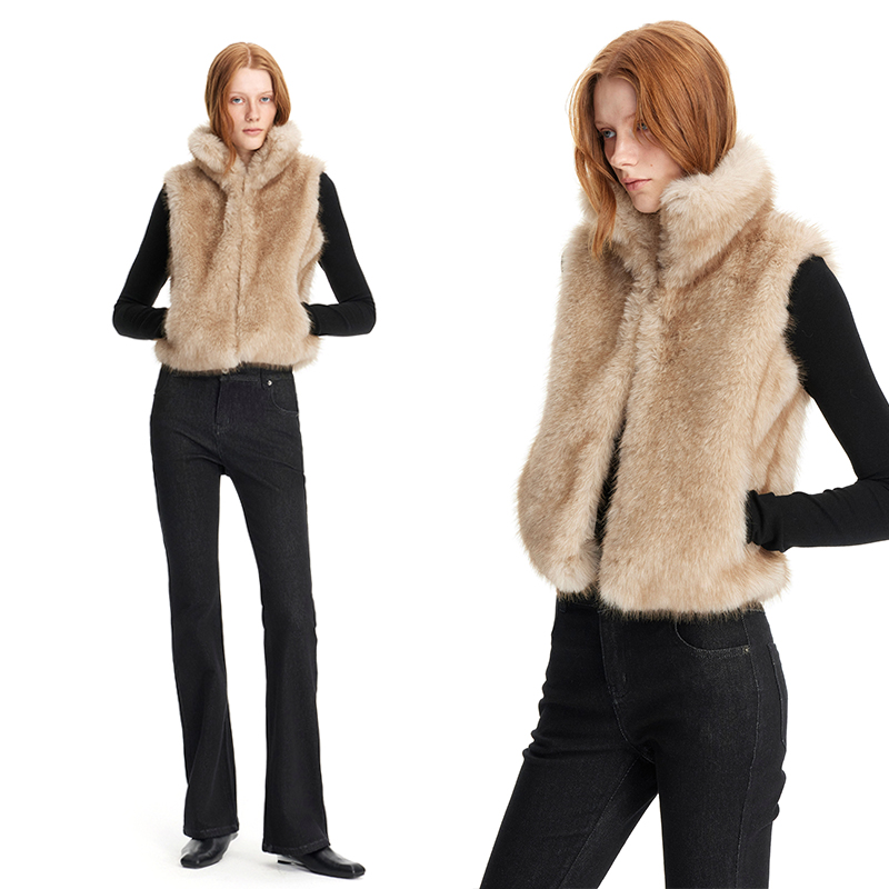 秋冬卡其色环保皮草马甲