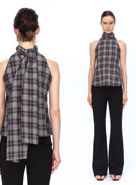 EMPTY PAGE夏季黑灰格子飘带背心百搭休闲无袖上衣
