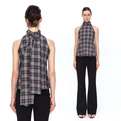 夏季黑灰格子飘带背心吊带