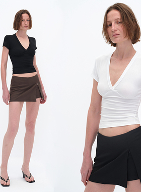 EMPTY PAGE黑/白深V领分割短袖T恤弹力显瘦百搭打底