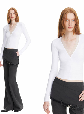 EMPTY PAGE白色蕾丝花边深V打底衫百搭修身T恤