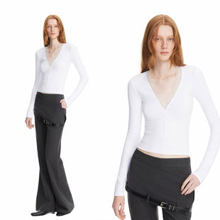 T恤 百搭修身 EMPTY PAGE白色蕾丝花边深V打底衫