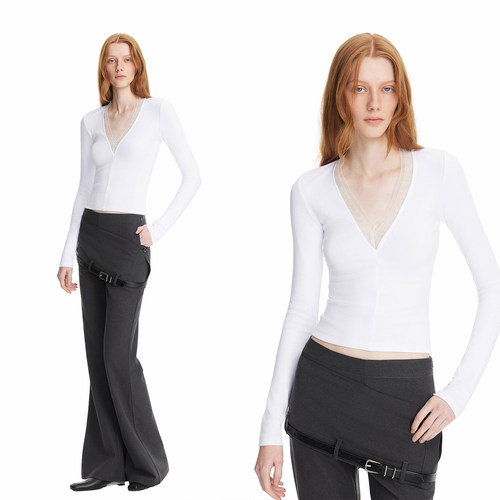 白色百搭修身蕾丝花边T恤