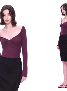 EMPTY PAGE  紫色修身弹力T恤贝壳结构大V领基础打底衫