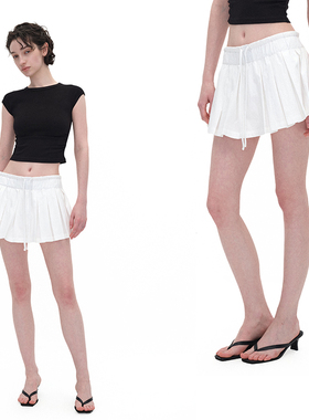 EMPTY PAGE 夏季白色百褶超短裙橡筋抽绳半身裙（含安全裤）