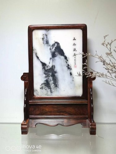 老红木大红酸枝交趾黄檀边框 榫卯镶嵌云石大理石 竖式插屏台屏风