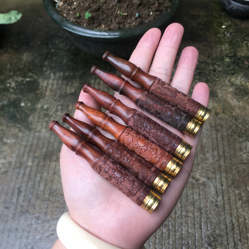红酸枝雕花烟嘴烟具女士戒烟嘴循环过滤芯烟咀木制拉杆可清洗细烟