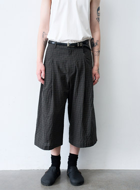 GRAINMUSTARD 「Linen-Blend Check Shorts」 棉麻格纹打褶七分裤