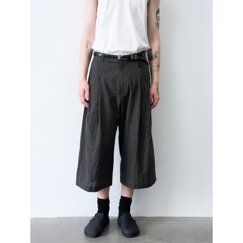 GRAINMUSTARD 「Linen-Blend Check Shorts」 棉麻格纹打褶七分裤