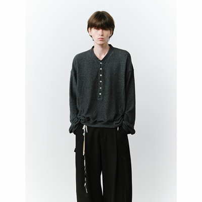 GRAINMUSTARD 亨利领毛圈针织套头衫简约长袖打底上衣