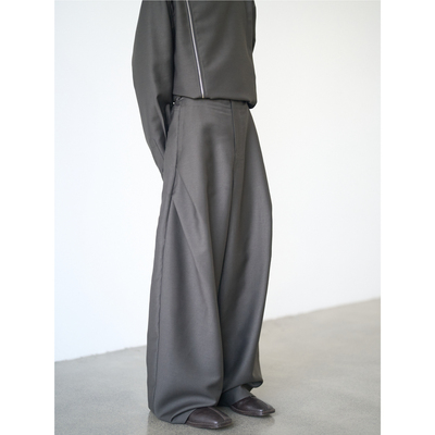 GRAINMUSTARD 打褶廓形拖地休闲裤羊毛醋酸混纺光泽感阔腿西裤