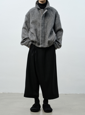 GRAINMUSTARD 灰色斜纹羊毛混纺落肩夹克日系双开头拉链短款外套