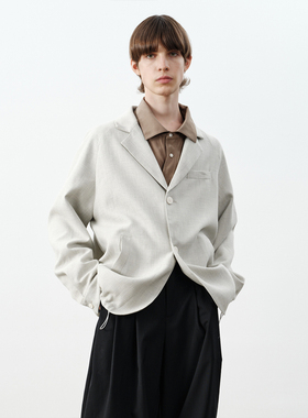 GRAINMUSTARD 棉麻编织日系便西浅灰色抽绳西装极简插肩袖外套