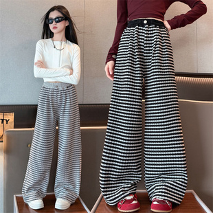 2025兒童中大童秋裝 時髦寬松闊腿外穿 直筒春秋新款 女童條紋休閑褲