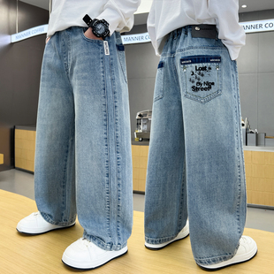 男童直筒阔腿牛仔裤2026春秋新款儿童中大童初中生春款浅蓝长裤潮