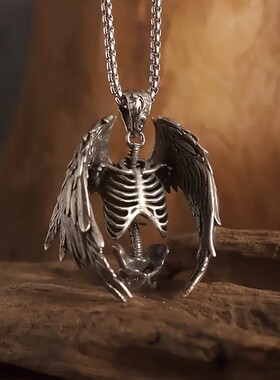 半身骷髅骨头吊坠恶魔的翅膀项链欧美复古设计感朋克街头毛衣链男