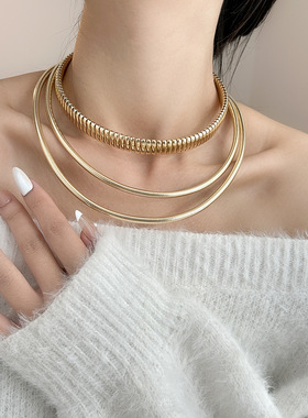 欧美小众朋克多层金属锁骨链女