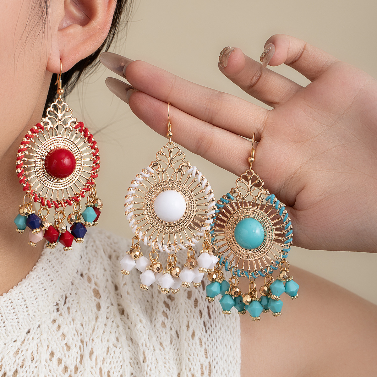 波西米亚珠子流苏度假风耳钉民族复古轻奢小众设计耳环大圆形耳饰