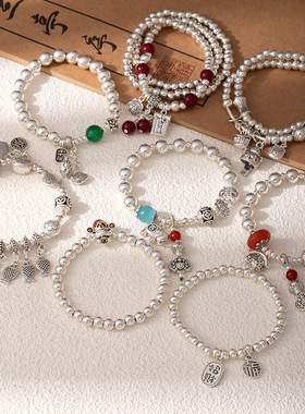 光泽感银色串珠手链民族风藏式做旧祝福手串手饰品高级招财猫手绳