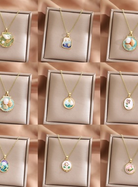 莫奈花园油画不规则椭圆项链轻奢小众锁骨链女设计感贝壳海螺项链