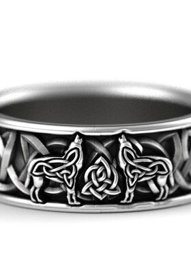 设计感交错花纹雕刻戒指小众高级感男士复古狼指环超酷图腾手饰品