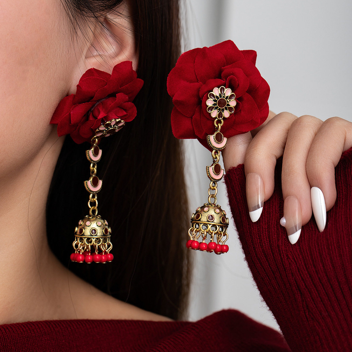 中国风氛围感喜庆红色玫瑰花朵耳钉女复古铃铛流苏长款耳环耳饰品,饰品/流行首饰/时尚饰品新,耳钉,淘宝优惠券,粉丝福利购,淘宝优惠卷