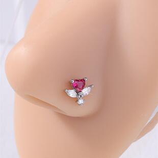 欧美跨境L杆闪锆爱心翅膀鼻钉微镶玫瑰水晶鼻环个性鼻圈时尚鼻饰